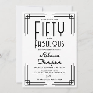 Invitation Cinquante Fabuleux Noir Blanc Art Déco 50e Anniver