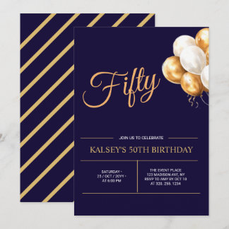 Invitation Cinquante | Or & Bleu Moderne Fête d'anniversaire