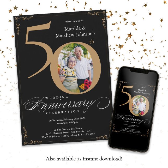 Invitation Cinquantième anniversaire de mariage en calligraph (Black Gold Calligraphy 50th Wedding Anniversary Invitation)