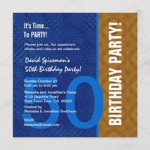 Invitation cinquantième Bleu royal et bronze modernes V08