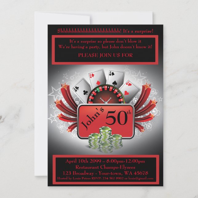 Invitation cinquantième, casino d'homme d'anniversaire, (Devant)