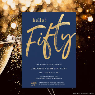 Invitation Cinquantième fête d'anniversaire Moderne Or Bleu