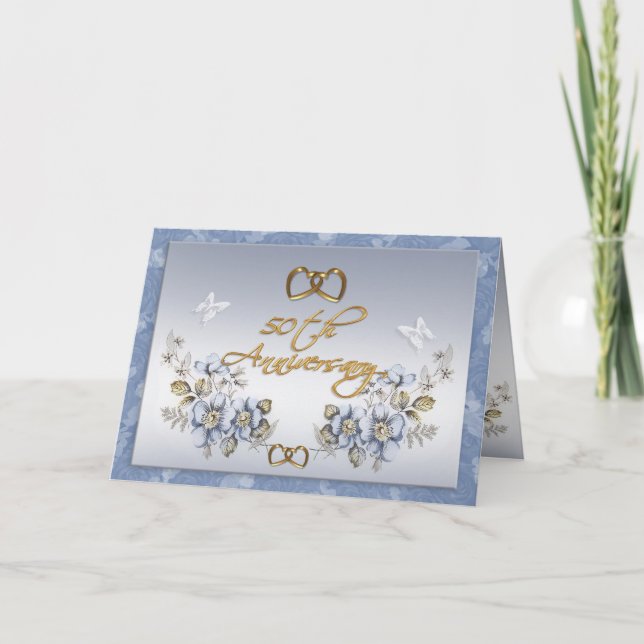 Invitation cinquantième Floral bleu d'invitation de fête (Devant)