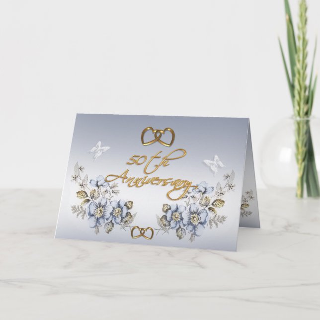 Invitation cinquantième Floral bleu élégant de fête (Devant)