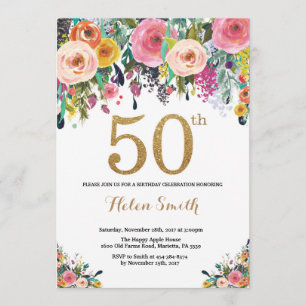 Invitation Cinquantième parties scintillantes florales d'or