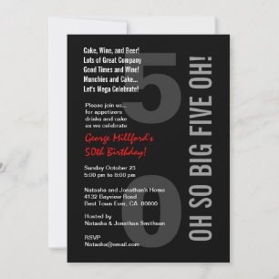 Invitation cinquantième Rouge blanc CINQ OH de noir moderne
