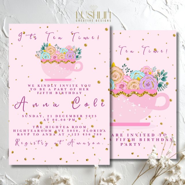 Invitation Cinquième anniversaire Tea Party Elégant & doux an (Créateur téléchargé)
