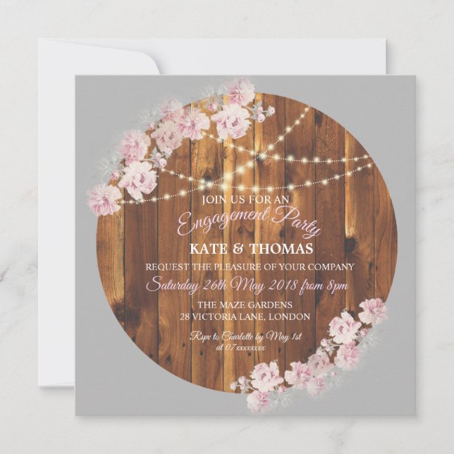 Invitation Circle Floral Lumière Chaînes Fiançailles en bois (Devant)