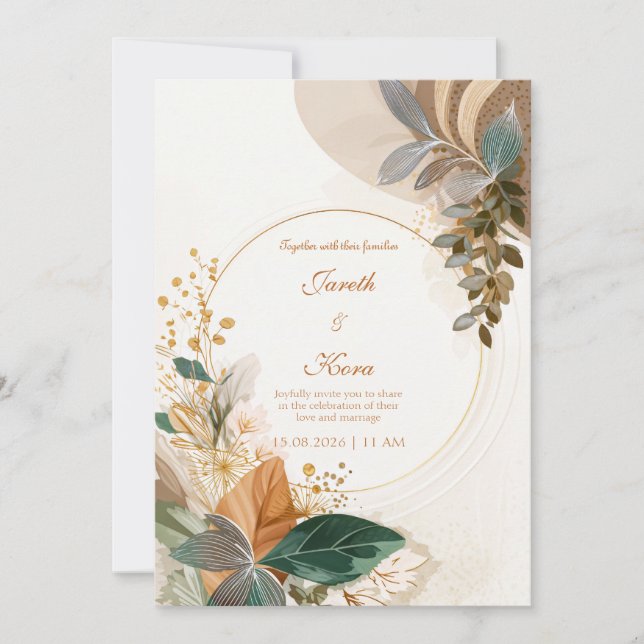 Invitation Circular Gold Forest Green Botanical Wedding (Devant)
