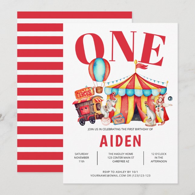 Invitation Circus Big Top 1er anniversaire (Devant / Derrière)