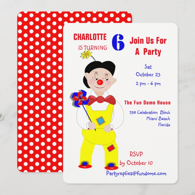 Invitation Circus Clowns Fun Anniversaire de enfant Party mod (Devant / Derrière)