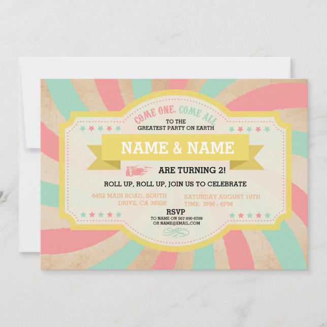 Invitation Circus Twins Anniversaire Mint & Coral Carnival In (Devant)