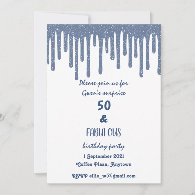 Invitation Cire à gouttes bleu étincelant Cinquantième annive (Devant)