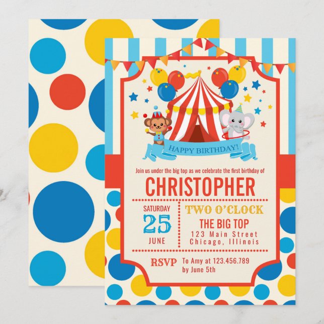 Invitation Cirque Big Top Fête d'anniversaire (Devant / Derrière)