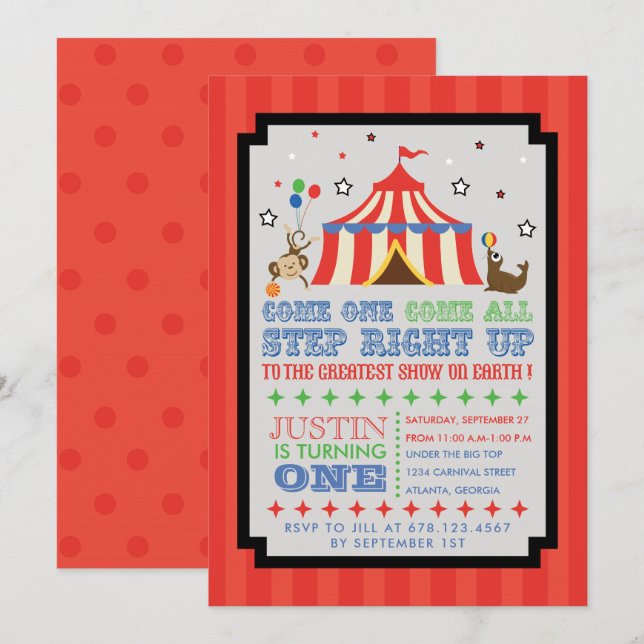 Invitation Cirque Carnaval Amusement Anniversaire Fête Invita (Devant / Derrière)
