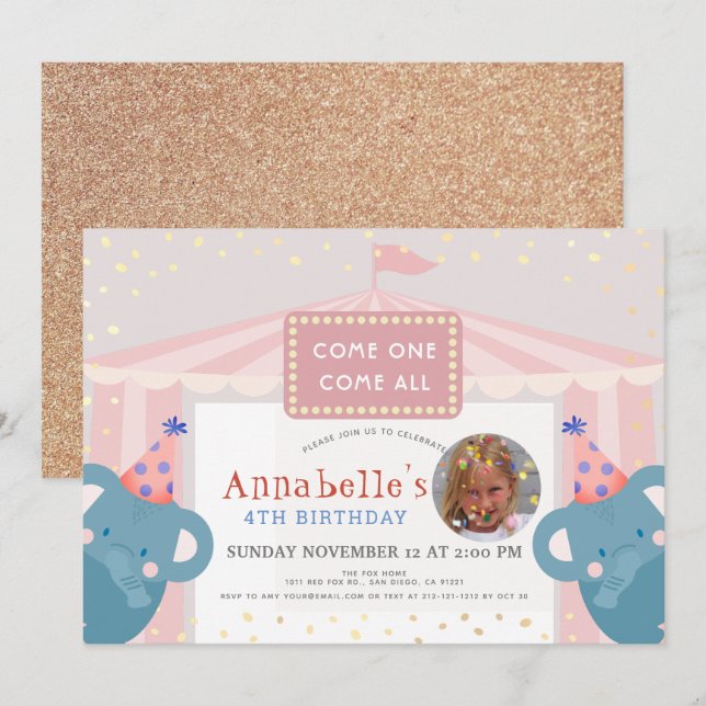 Invitation Cirque Carnaval Elephant Rose Girl Photo Anniversa (Devant / Derrière)