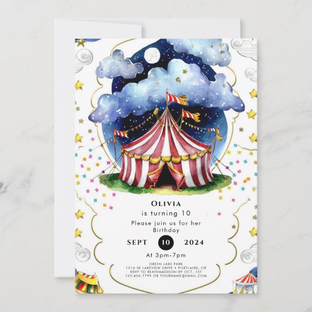 Invitation Cirque d'aquarelle personnalisée Anniversaire (Devant)