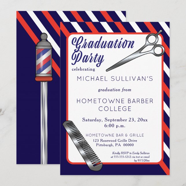 Invitation Ciseaux | Comb Barber School Graduation Party (Devant / Derrière)