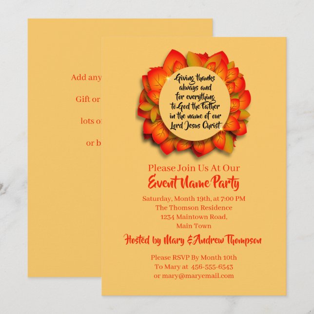 Invitation Citation Bible Thanksgiving Autumn Leaf (Devant / Derrière)
