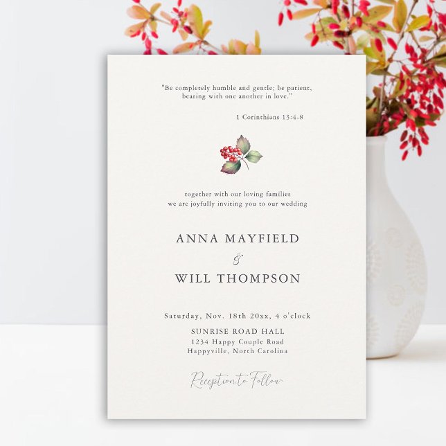Invitation Citation de la Bible Berries d'hiver minimal Maria (bible quote elegant red berries winter wedding invitation watercolor traditional classic minimalist)