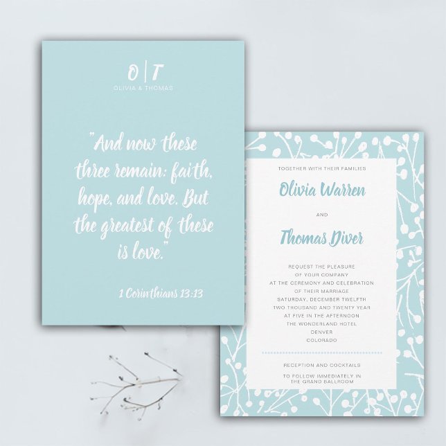 Invitation Citation de la Bible Winter Blue Berries Élégant m (bible quote winter wedding invitation botanical frame snow berries elegant modern classic monograms)