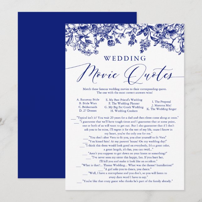 Invitation Citation de Mariage de la marine Blue Floral (Devant / Derrière)
