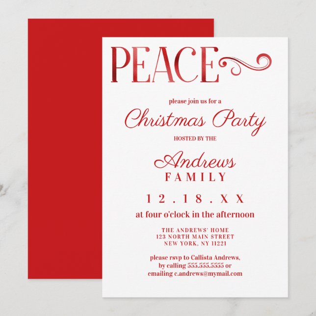 Invitation Citation de paix blanc rouge huile Simple Noël (Devant / Derrière)