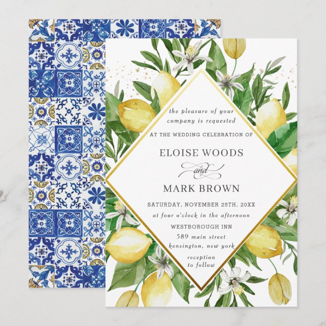Invitation Citron Azure Méditerranéen Mariage de verdure esti (Devant / Derrière)