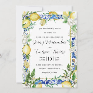 Invitation Citron Blanc Floral Bleu Mosaïque Carrelage Mariag