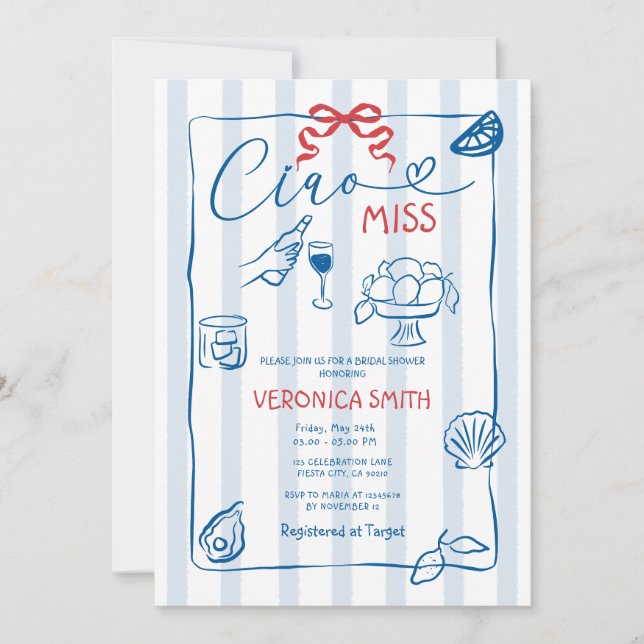 Invitation Citron bleu Italie Ciao Miss Fête des mariées (Devant)