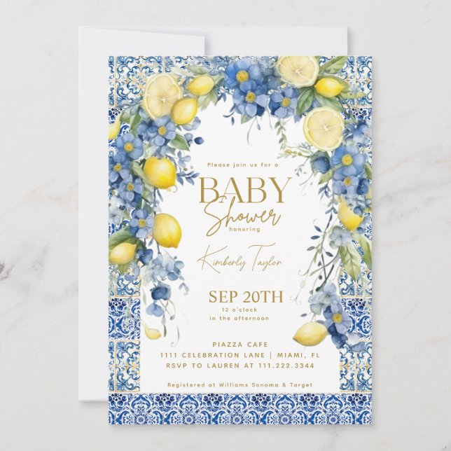 Invitation Citron bleu italien Carreaux Italie Baby shower (Devant)