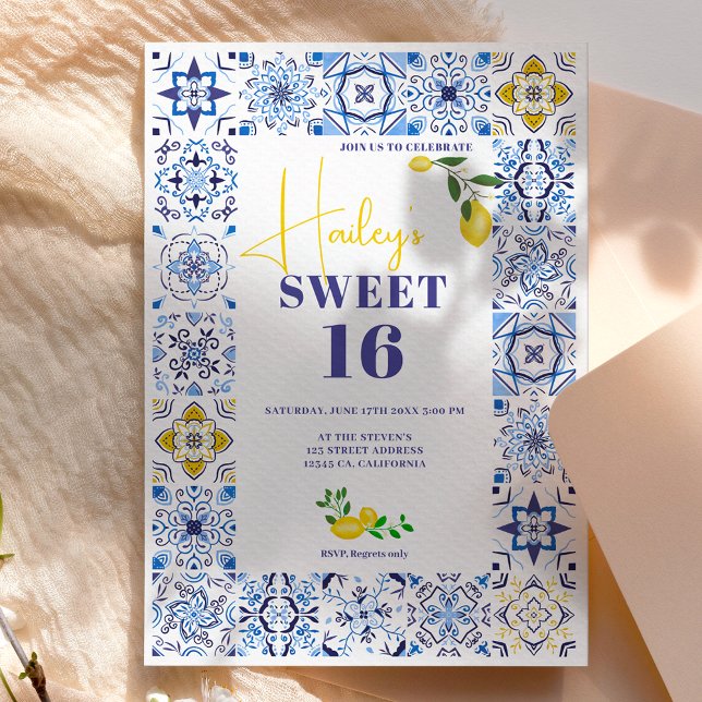 Invitation Citron bleu italien carrelage aquarelle Sweet 16 (Créateur téléchargé)