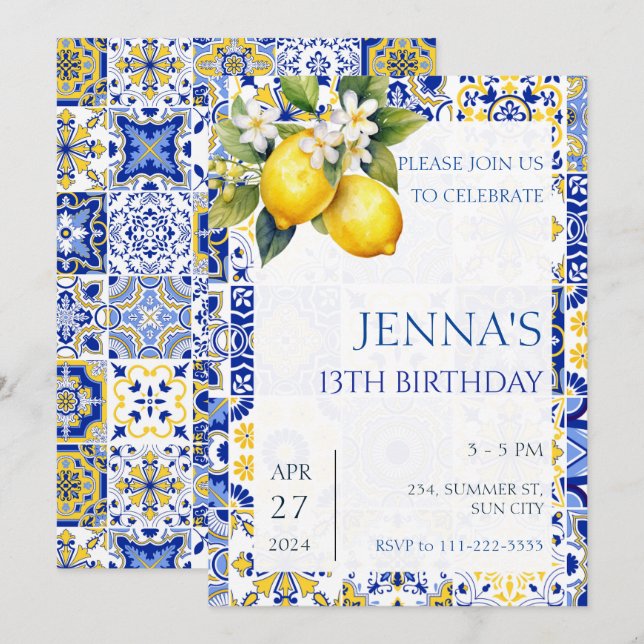 Invitation Citron bleu méditerranéen Carrelage italien Annive (Devant / Derrière)