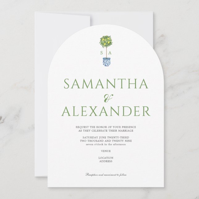 Invitation Citron bleu méditerranéen Jardin vert Mariage (Devant)