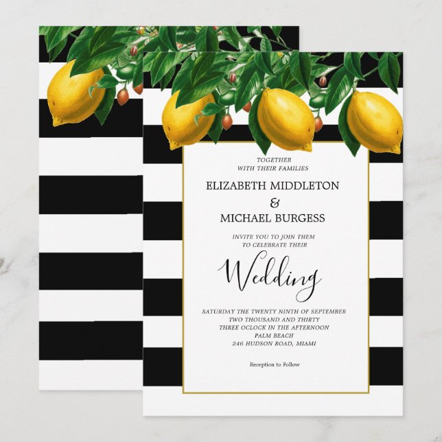 Invitation Citron Botanique Noir Blanc Mariage (Devant / Derrière)