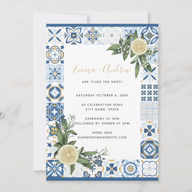 Invitation Citron Citrus Espagnol Carrelage Motif Mariage (Devant)