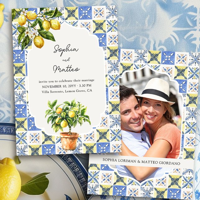 Invitation Citron Grove Bleu Jaune Italien Inspiré Mariage (Wedding Invitation with Photo from the Lemon Grove Wedding Collection by Darling & May)