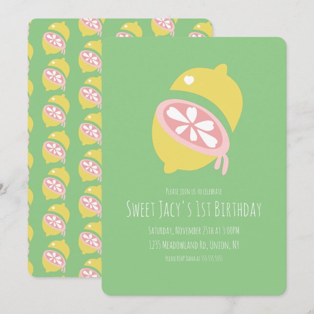 Invitation Citron jaune avec coeur doux Anniversaire (Devant / Derrière)