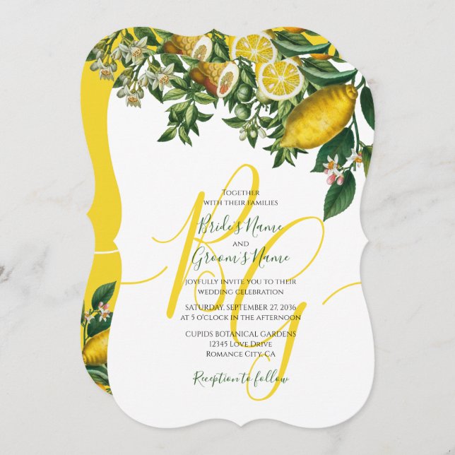 Invitation Citron jaune rustique et feuillage Mariage de verd (Devant / Derrière)