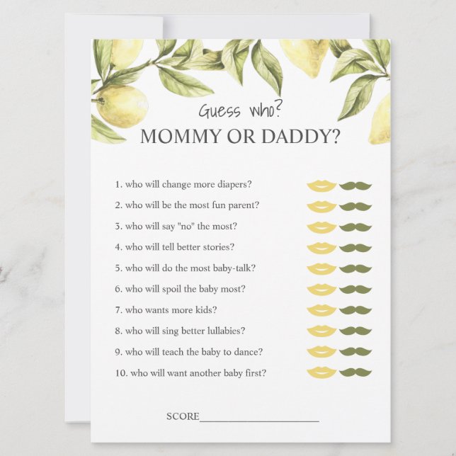 Invitation Citron jeux de baby shower maman ou papa devine qu (Devant)