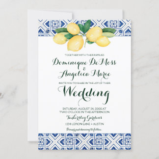 Invitation Citron Mariage Bleu Blanc Carrelage méditerranéen