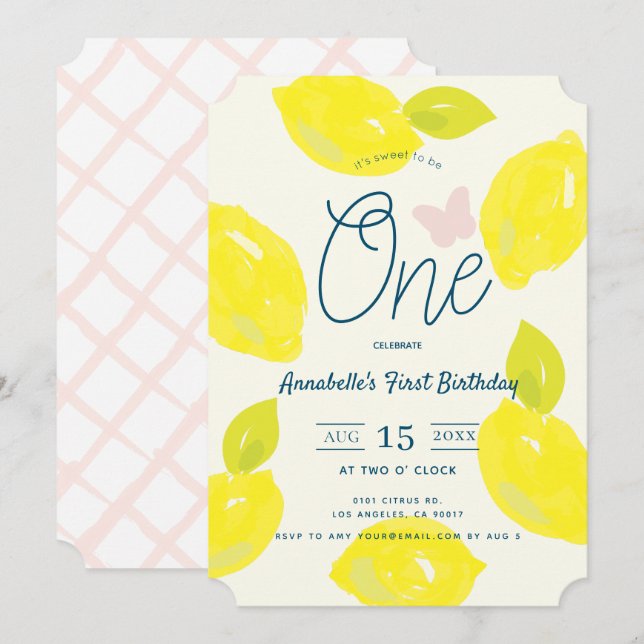Invitation Citron peint à la main et chèque rose Premier anni (Devant / Derrière)