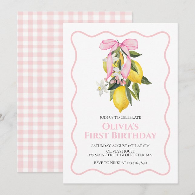 Invitation Citron Pink Bow preppy Coquette anniversaire (Devant / Derrière)