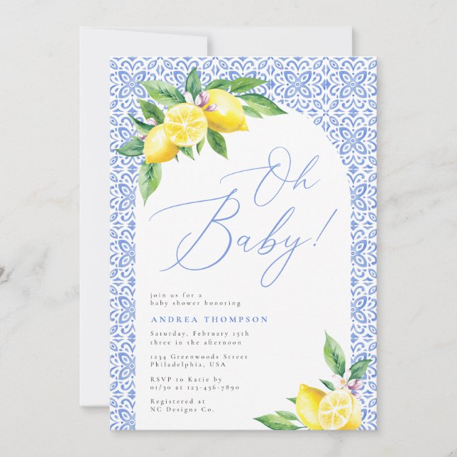 Invitation Citron Positano italien Carrelage bleu Oh baby sho (Devant)