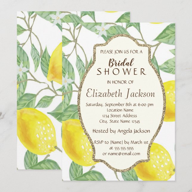Invitation Citrons Aquarelle Cute, Cadre Parties scintillant  (Devant / Derrière)