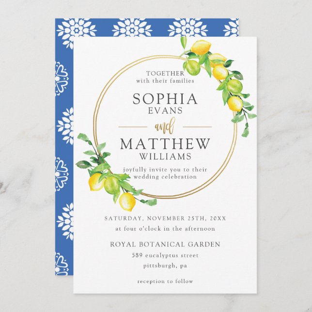 Invitation Citrons Azure Summer Greenery Gold Frame Mariage (Devant / Derrière)