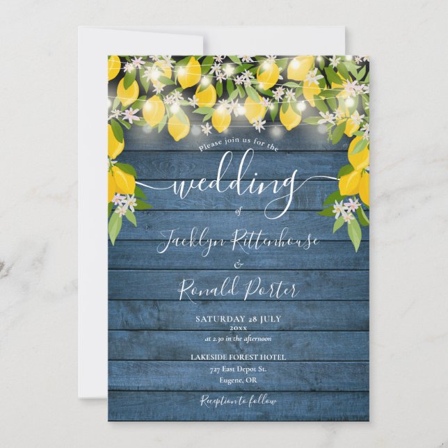 Invitation Citrons Bleu Rustique Bois Chaîne Lumières Mariage (Devant)