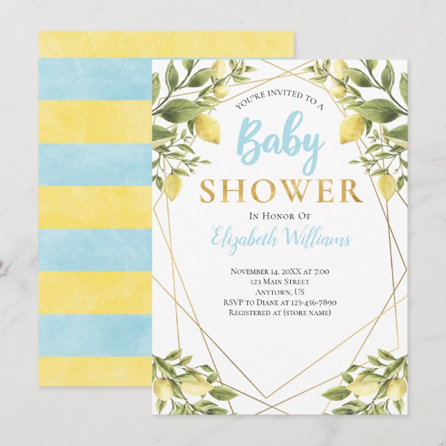 Invitation Citrons Cadre géométrique Baby shower de garçon bl (Devant / Derrière)