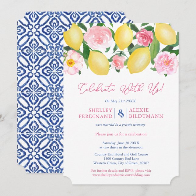 Invitation Citrons de Positano Carreaux Bleus Mariage Récepti (Devant / Derrière)
