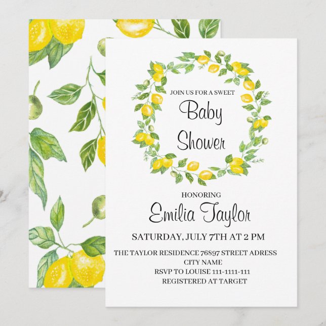 Invitation Citrons en aquarelle pour baby shower (Devant / Derrière)